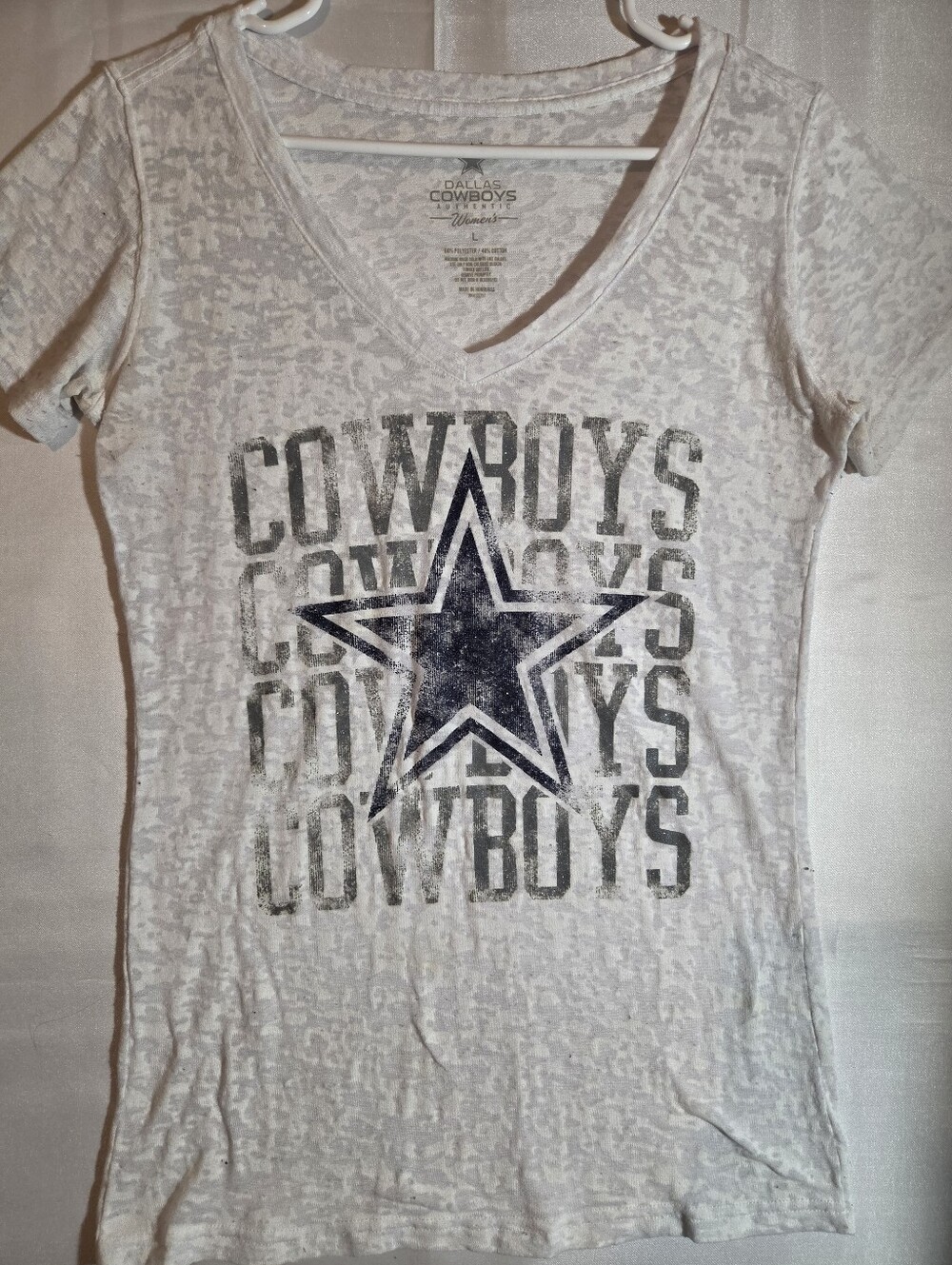 Dallas Cowboys Woman's White V-Neck Tee with Navy Star Logo.  L Fits Like M